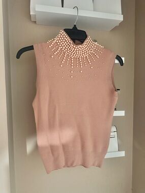 Pearl-Embellished Sleeveless Mock Neck Top - Blush